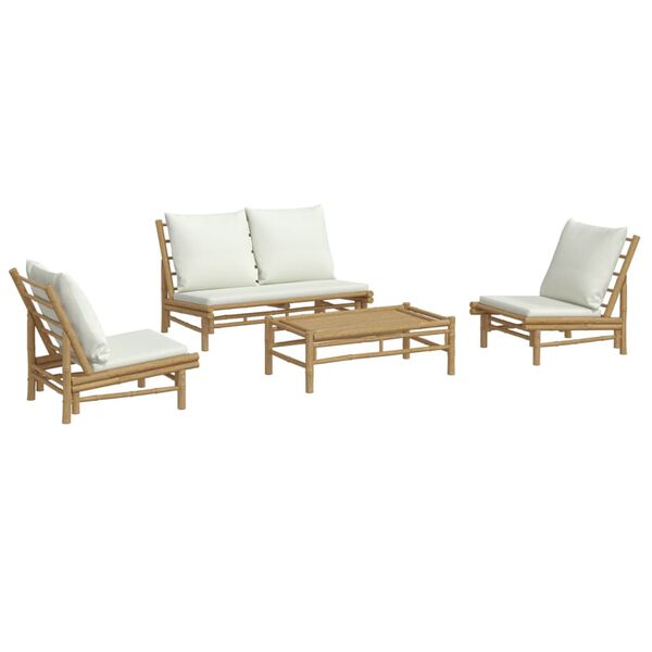 vidaXL Set de muebles de jardín 4 piezas bambú y cojines blanco crema