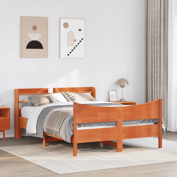 vidaXL Estructura cama con cabecero madera pino marr&oacute;n cera 120x200 cm