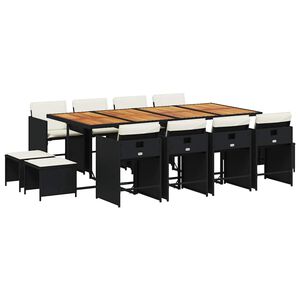vidaXL Set comedor de jard&iacute;n con cojines 13 pzas rat&aacute;n sint&eacute;tico negro