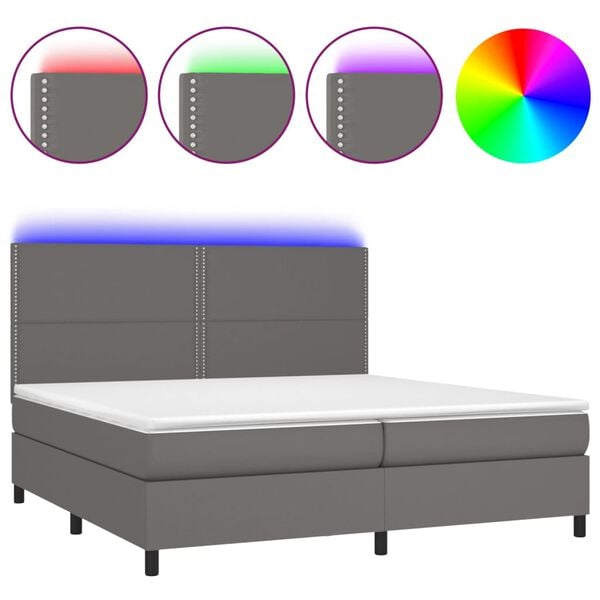 vidaXL Cama box spring colch&oacute;n y LED cuero sint&eacute;tico gris 200x200 cm