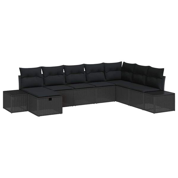 vidaXL Conjunto de sof&aacute; de jard&iacute;n con almohada 8 pcs Negro Polirat&aacute;n