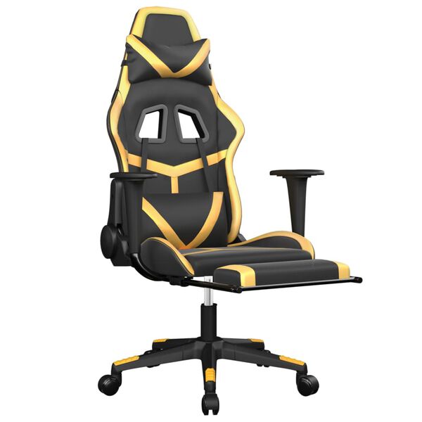 vidaXL Silla gaming masaje y reposapiés cuero sintético negro dorado