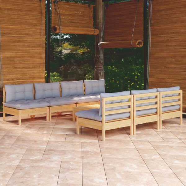 vidaXL Juego de muebles de jardín 8 pzas y cojines madera pino gris