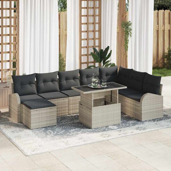 vidaXL Conjunto de sof&aacute; de jard&iacute;n con coj&iacute;n 9 pcs Gris claro