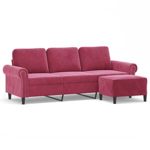 vidaXL Sof&aacute; de 3 plazas con taburete de terciopelo rojo tinto 180 cm