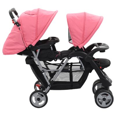 vidaXL Carrito para dos bebés tandem rosa y negro de acero