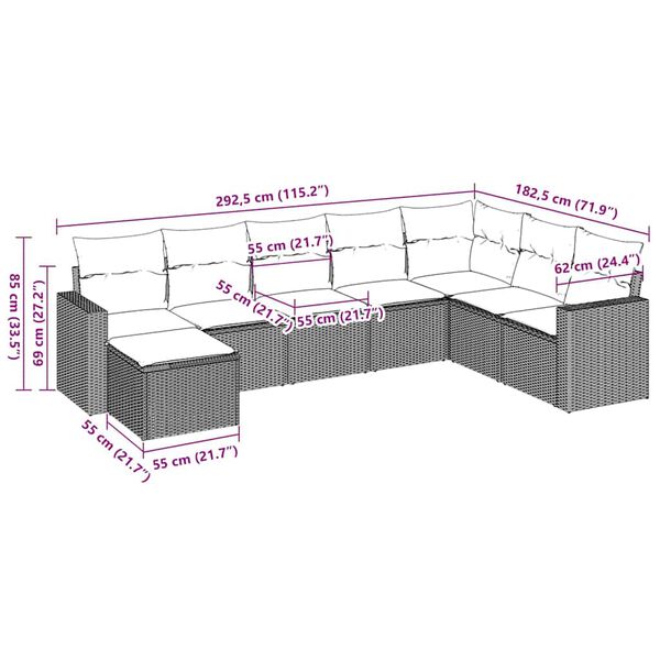 vidaXL Set sof&aacute;s de jard&iacute;n 8 piezas y cojines rat&aacute;n sint&eacute;tico marr&oacute;n