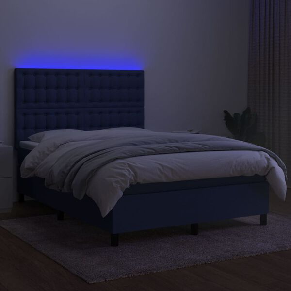 vidaXL Cama box spring colch&oacute;n y luces LED tela azul 140x190 cm