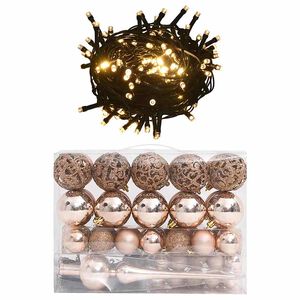 vidaXL Set de bolas de Navidad 60 pzas con pico 150 LED oro rosa