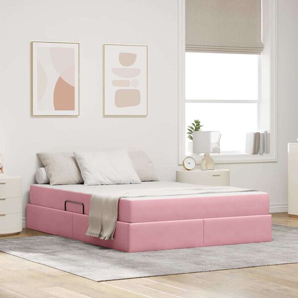 vidaXL Cama con almacenamiento y colch&oacute;n Rosa 140 x 200 cm Terciopelo