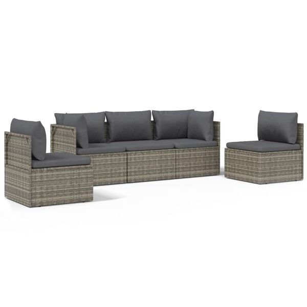 vidaXL Set de muebles de jard&iacute;n 5 pzas y cojines rat&aacute;n sint&eacute;tico gris