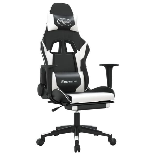 vidaXL Silla gaming con reposapi&eacute;s cuero sint&eacute;tico negro blanco