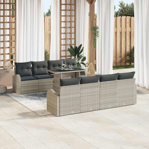 vidaXL Conjunto de sof&aacute; de jard&iacute;n 9 pcs Gris Claro Rattan de Poli&eacute;ster