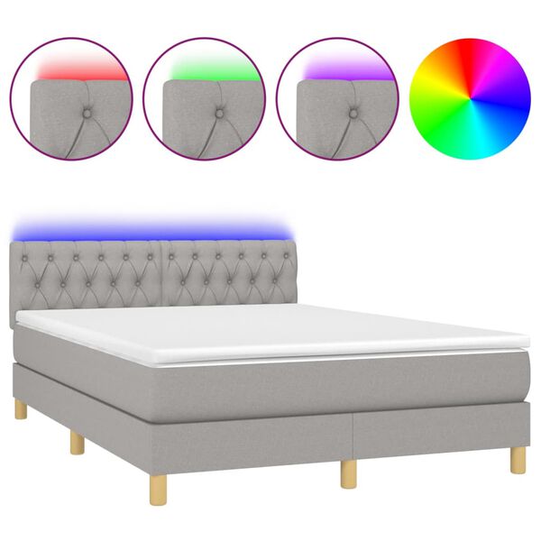 vidaXL Cama box spring colch&oacute;n y luces LED tela gris claro 140x190 cm