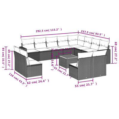 vidaXL Set de sofás de jardín y cojines 13 pzas ratán sintético negro