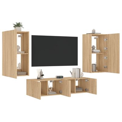 vidaXL Muebles TV pared con LED 4 pzas madera ingeniería roble Sonoma