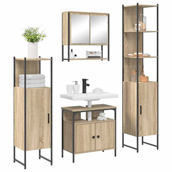 vidaXL Juego de muebles de ba&ntilde;o con estante 4 pcs Roble Sonoma