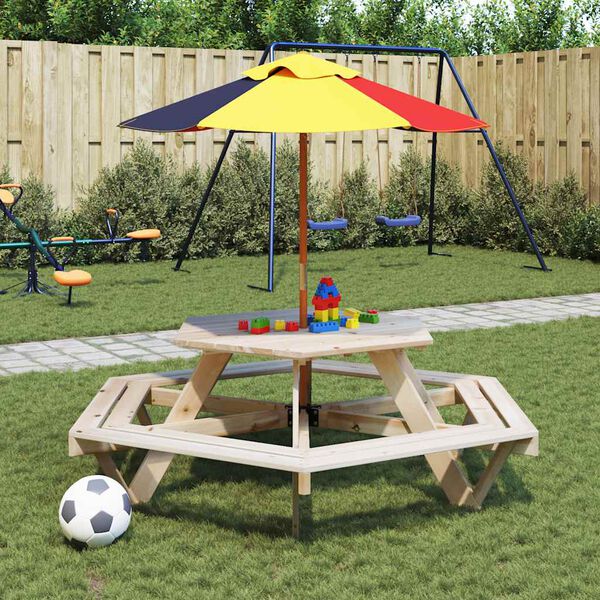 vidaXL Mesa de picnic hexagonal 6 ni&ntilde;os agujero sombrilla madera abeto
