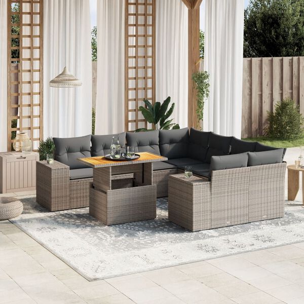 vidaXL Set de muebles de jard&iacute;n 9 pzas y cojines rat&aacute;n sint&eacute;tico gris