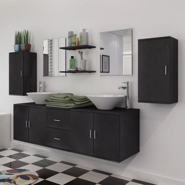 vidaXL Conjunto de muebles de ba&ntilde;o con lavabo y grifo 11 piezas negro
