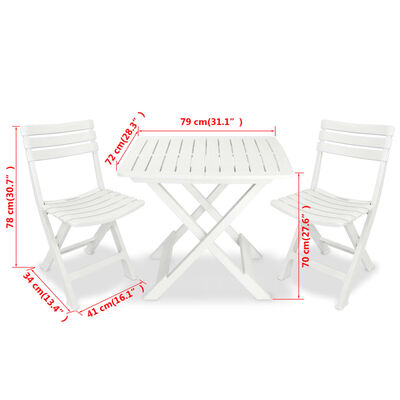 vidaXL Mesa y sillas bistró de jardín plegables 3 pzas plástico blanco