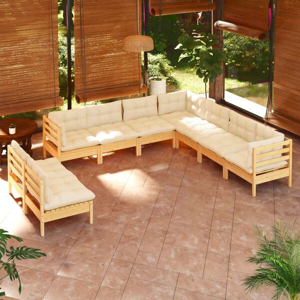 vidaXL Muebles de jard&iacute;n 9 pzas y cojines madera maciza de pino crema