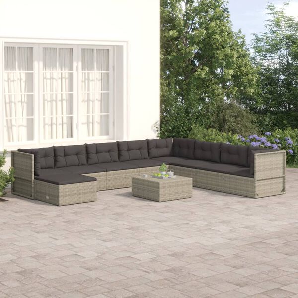 vidaXL Set de muebles de jard&iacute;n 9 pzas y cojines rat&aacute;n sint&eacute;tico gris