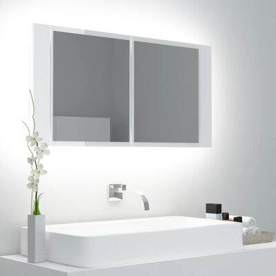 vidaXL Armario espejo de baño LED acrílico blanco brillo 90x12x45 cm
