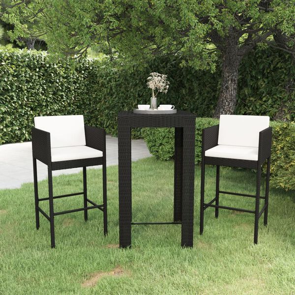 vidaXL Set muebles bar jardín 3 piezas y cojines ratán sintético negro