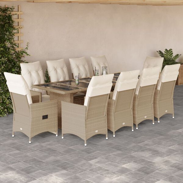 vidaXL Set de mesa y sillas de jard&iacute;n 11 pzas y cojines rat&aacute;n PE beige