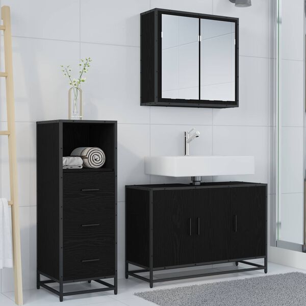 vidaXL Juego de muebles de ba&ntilde;o 3 pcs Roble Negro Madera de ingenier&iacute;a