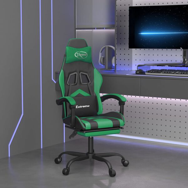 vidaXL Silla gaming giratoria y reposapi&eacute;s cuero sint&eacute;tico negro verde