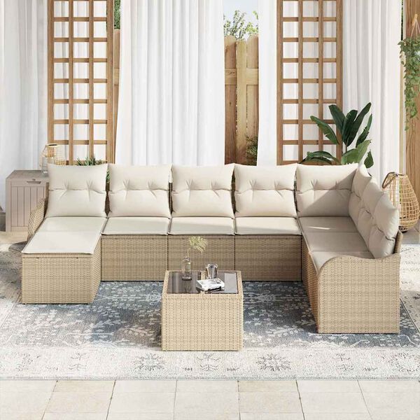 vidaXL Conjunto de sof&aacute; de jard&iacute;n 9 pcs Beige y blanco Polirat&aacute;n