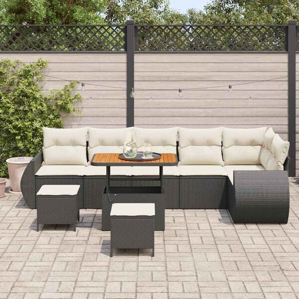 vidaXL Conjunto de sof&aacute; de jard&iacute;n con coj&iacute;n 9 pcs Negro y crema