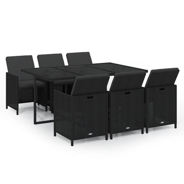 vidaXL Set de comedor de jard&iacute;n 7 pzas y cojines rat&aacute;n sint&eacute;tico negro