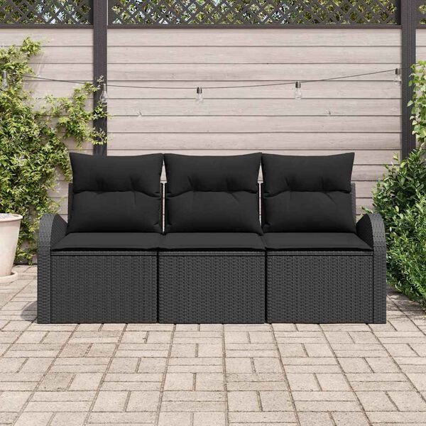 vidaXL Conjunto de sof&aacute; de jard&iacute;n con coj&iacute;n 3 pcs Negro Polirat&aacute;n