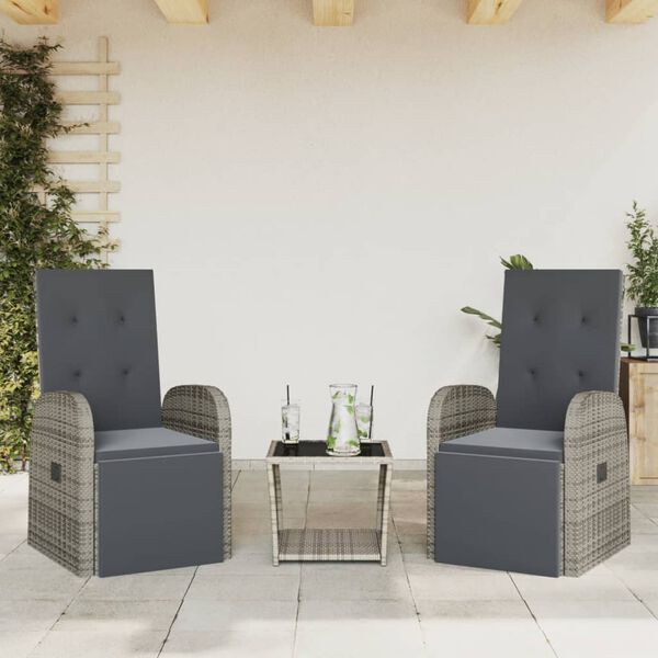 vidaXL Set comedor de jard&iacute;n 3 piezas con cojines rat&aacute;n sint&eacute;tico gris
