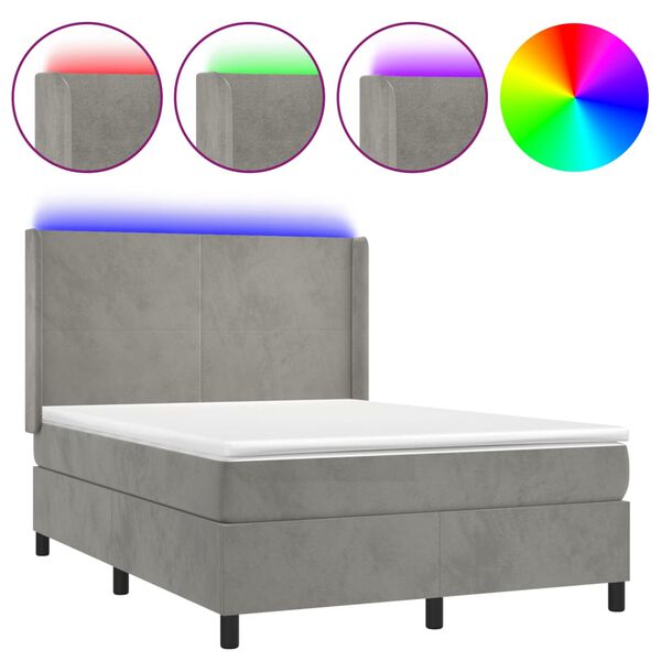 vidaXL Cama box spring colch&oacute;n y LED terciopelo gris claro 140x190 cm