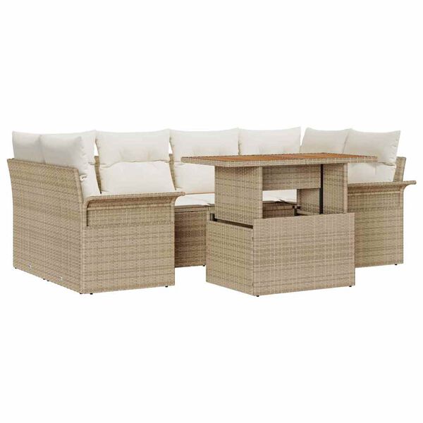 vidaXL Conjunto de sof&aacute; de jard&iacute;n 7 pcs Beige Polirat&aacute;n