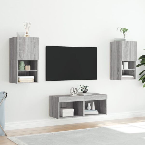 vidaXL Muebles de TV de pared con luces LED 4 piezas gris Sonoma