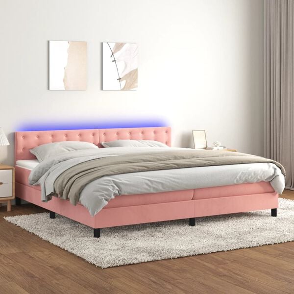 vidaXL Cama box spring colch&oacute;n y LED terciopelo rosa 200x200 cm