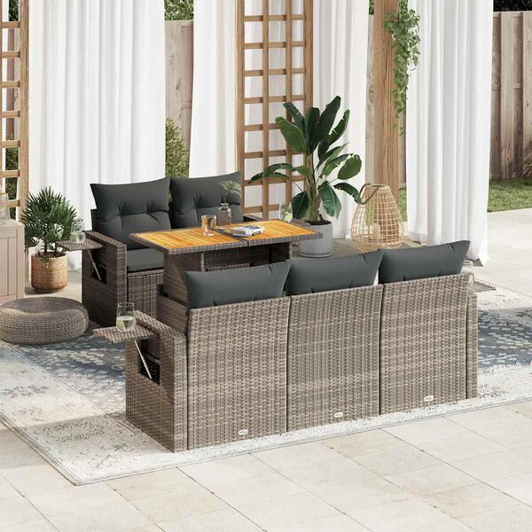 vidaXL Set de muebles de jard&iacute;n 6 pzas y cojines rat&aacute;n sint&eacute;tico gris