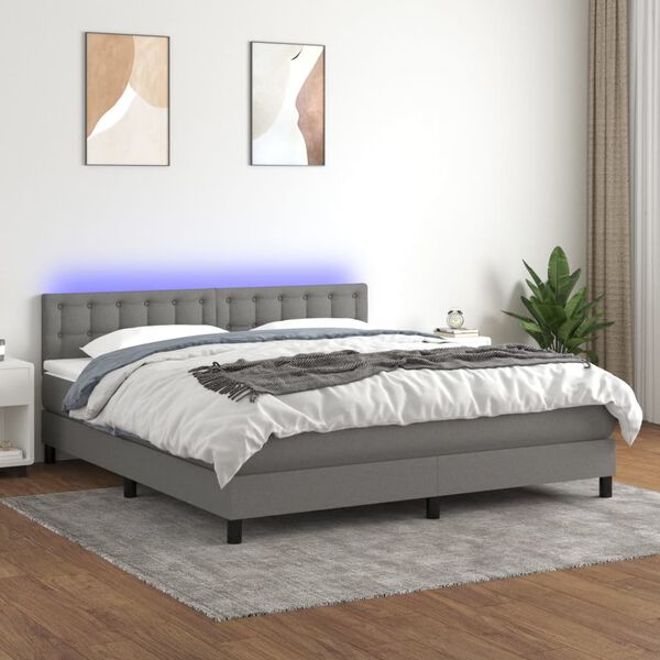 vidaXL Cama box spring colch&oacute;n y luces LED tela gris oscuro 160x200 cm