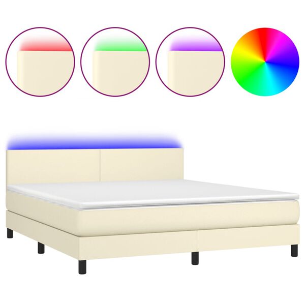 vidaXL Cama box spring colch&oacute;n y LED cuero sint&eacute;tico crema 160x200 cm