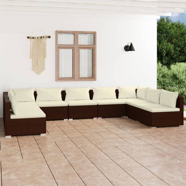 vidaXL Set muebles de jard&iacute;n 9 piezas y cojines rat&aacute;n sint&eacute;tico marr&oacute;n