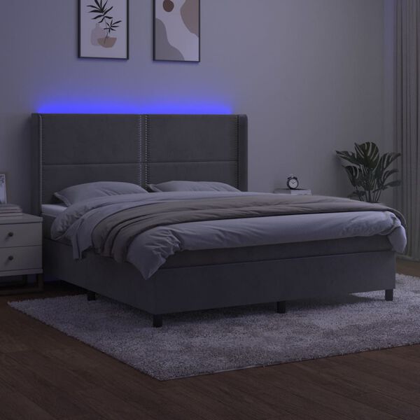 vidaXL Cama box spring colch&oacute;n y LED terciopelo gris claro 180x200 cm