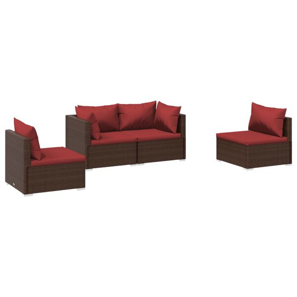 vidaXL Set muebles de jard&iacute;n 4 piezas y cojines rat&aacute;n sint&eacute;tico marr&oacute;n