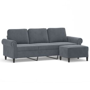 vidaXL Sof&aacute; de 3 plazas con taburete de terciopelo gris oscuro 180 cm