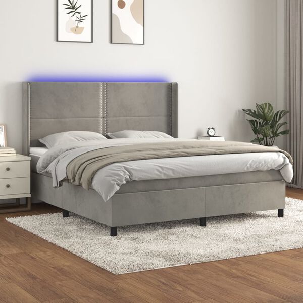 vidaXL Cama box spring colch&oacute;n y LED terciopelo gris claro 180x200 cm