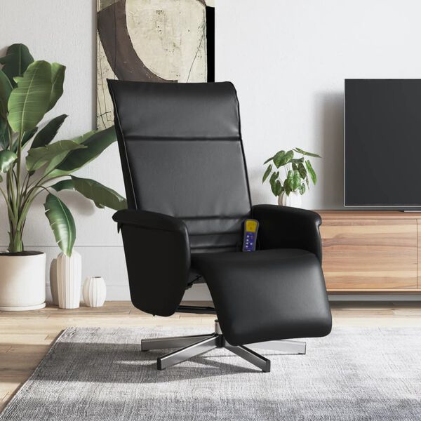 vidaXL Sill&oacute;n reclinable masaje con reposapi&eacute;s cuero sint&eacute;tico negro